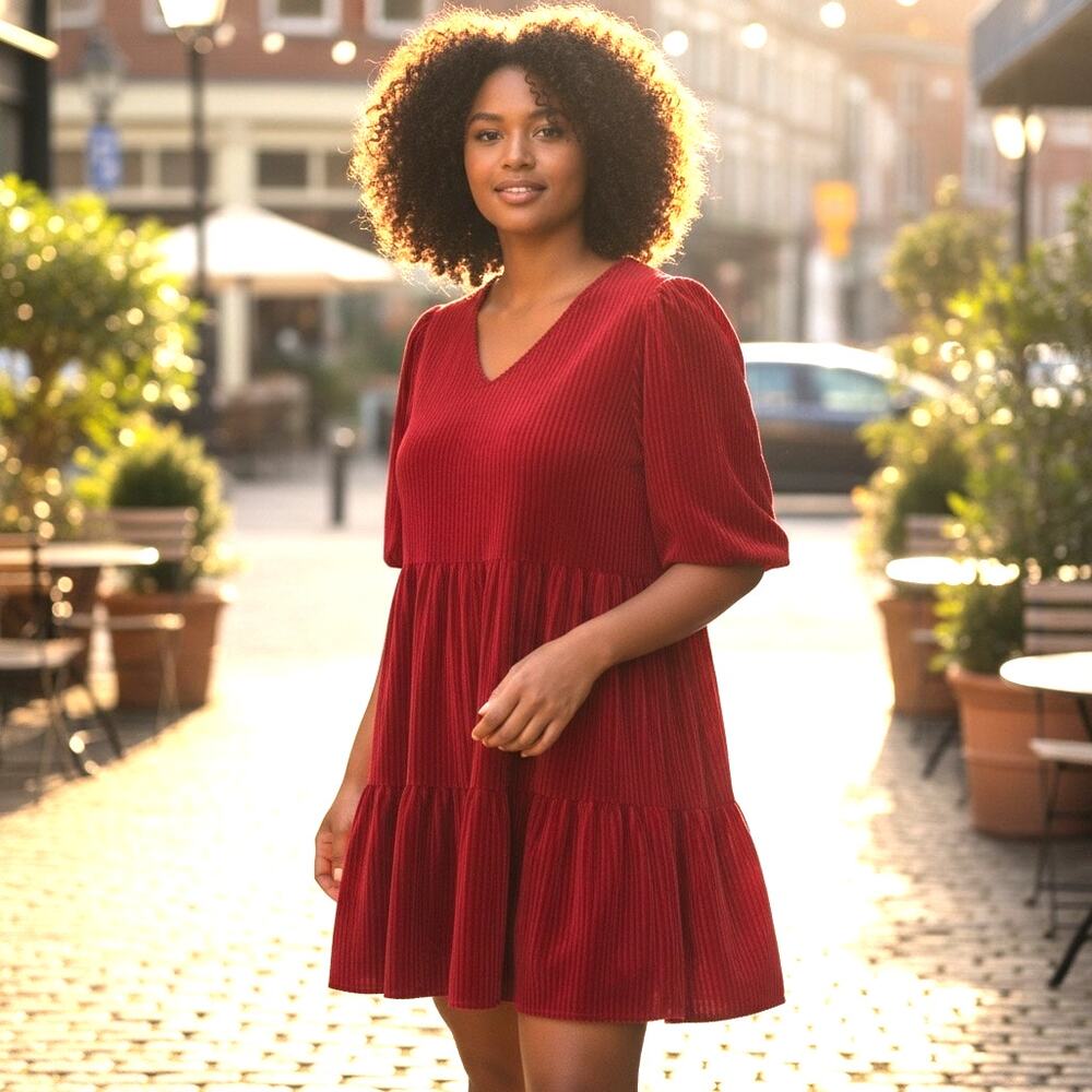 Velvet Burn Out Red Dress Boho Cottage Core  Casual SZ 4X V Neck Short Sleeve